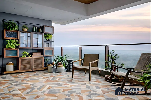 Modern balcony with geometric patterned floor tiles and wooden shelving unit